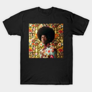 Man with an afro standing in front of a floral wallpaper T-Shirt